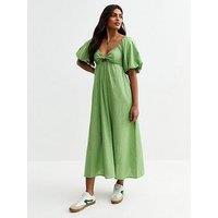 New Look Puff Sleeve Knotted Front Midi Dress - Green