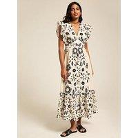 New Look Floral Print Frill Sleeve Midi Dress - Cream