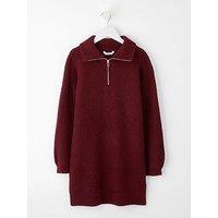 The Very Collection Girls Knitted Half Zip Up Jumper Dress - Burgundy/Red
