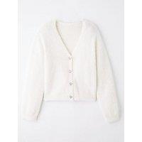 The Very Collection Girls Fluffy With Diamante Buttons Cardigan - Cream