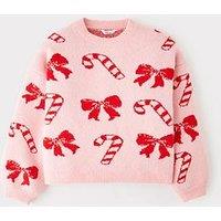 The Very Collection Girls Knitwear Candy Cane Christmas Jumper - Pink