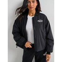New Balance Womens Linear Heritage Woven Bomber Jacket- Black