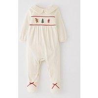 The Very Collection Baby Girls Festive Velour Sleepsuit - Cream