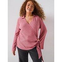 V By Very Curve Textured Gold Trim Wrap Top - Pink