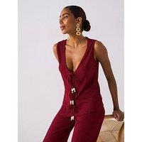 V By Very Bead Detail Tie Up Textured Top Co-Ord - Burgundy