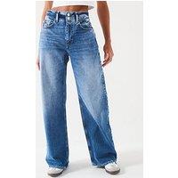 V By Very Double Button Waistband Wide Jeans - Mid Wash