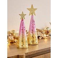 The Christmas Gift Co Set Of 2 Pink/Gold Disco Ball Christmas Tree Ornament - 26/29 Cm