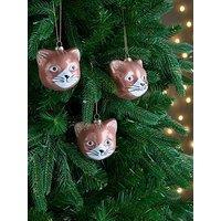 The Christmas Gift Co Set Of 3 Glass Hanging Christmas Tree Ornaments - Cat