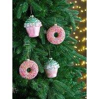 The Christmas Gift Co Set Of 4 Novelty Glass Christmas Tree Decorations - Cupcake & Sprinkles Donut