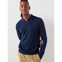 Selected Homme Tray Long Sleeve Merino Knitted Open Collar Polo Shirt - Navy