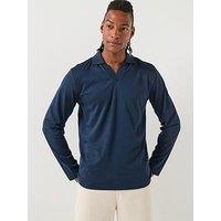 Selected Homme Fave Split Neck Long Sleeve Polo Shirt - Navy