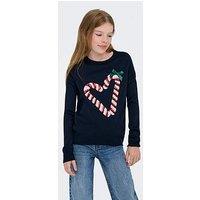 Only Kids Girls Candy Cane Christmas Knitted Jumper - Navy