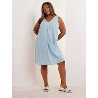 Yours Curve Linen Pleat Front Dress - Blue