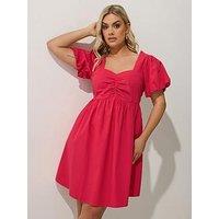 Yours Curve Puff Sleeve Dress - Red