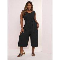 Yours Curve Tie Waist Textured Jumpsuit - Black