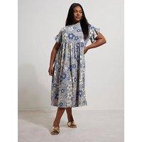Yours Curve Frill Cotton Midaxi Dress - Blue