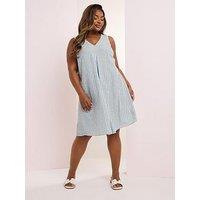 Yours Curve Linen Pleat Front Stripe Dress - Blue