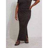 Yours Curve Textured Side Split Skirt - Brown