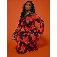 Yours Curve Floral Long Sleeve Mesh Dress - Red
