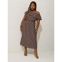 Yours Curve Frill Polka Dot Dress - Brown
