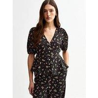 New Look Floral Print V-Neck Blouse - Black