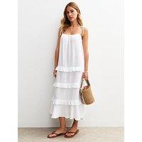 New Look Crinkled Frilly Trim Midi Dress - White