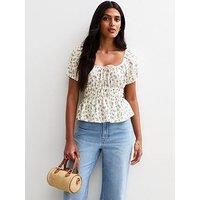 New Look Ditsy Print Textured Milkmaid Top - White