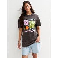New Look Rio Print Acid Wash Oversized T-Shirt - Dark Grey