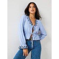 Jdy Savannah Long Sleeve Embroidered Tie Top - Blue