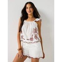 Jdy Palma Short Sleeve Embroidery Woven Top - White/Red