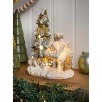 Festive 27 Cm Lit Snowy House And Tree Christmas Decoration