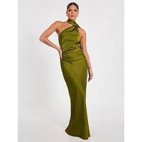 Quiz Olive Satin Wrap Neck Maxi Dress