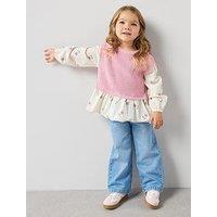 The Very Collection Girls 2 In 1 Knitted Sleeveless Jumper And Embroidered Blouse - Pink