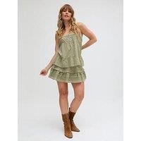 Raffya Skye Tiered Hem Embroidered Mini Skirt In Green