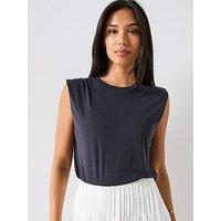 Mango Flowy T Shirt With Gathered Shoulders - Dark Grey