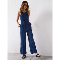 Mango Long Soft Denim Jumpsuit With Belt - Dark Blue