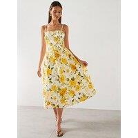 Mango Floral Midi Dress With Gathered Neckline - Yellow