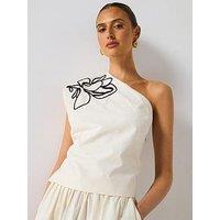 Mango Asymmetrical Flower Embroidered Top - Cream