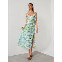 Mango Ruffled Floral Print Dress - Sky Blue