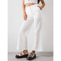 Mango Straight Fit Embroidered Cotton Trousers - White