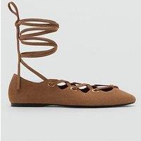 Mango Lace Up Suede Ballerina - Beige