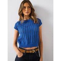 Mango Short Sleeved Crochet Sweater - Blue