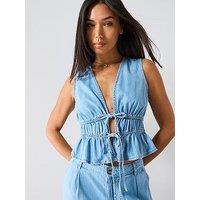 Mango Soft Denim Top With Tie Closure - Blue