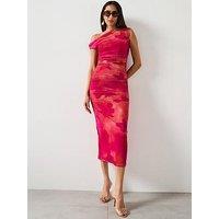 Mango Floral Midi Dress With Asymmetric Neckline - Pink