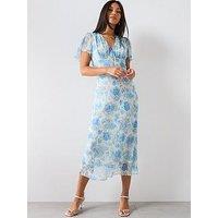 Mango Long Floral Dress With Short Sleeves - Blue