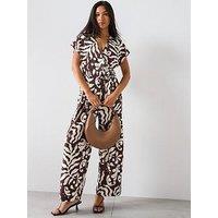 Mango Printed Linen Jumpsuit With Belt - Brown