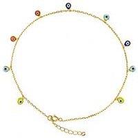 The Love Collection Gold Plated Sterling Silver Multi Coloured Evil Eye Anklet