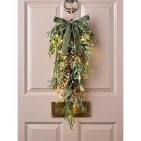 Very Home Mistletoe And Gold Berry Pre Lit & Teardrop Christmas Wreath - 70 Cm