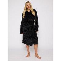 Loungeable Ribbon Trim Luxury Fleece Hooded Maxi Dressing Gown - Black
