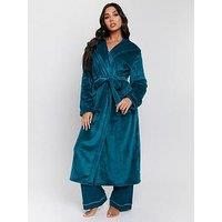Loungeable Ribbon Trim Luxury Fleece Hooded Maxi Dressing Gown - Green